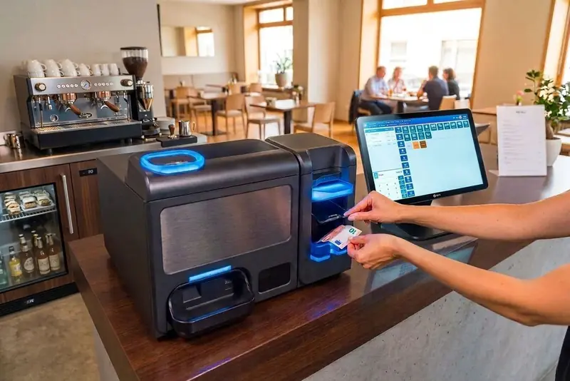 Cajón automático Cashlogy en el mostrador de una cafetería
